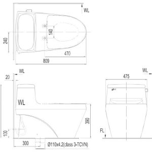 Bản vẽ kỹ thuật bồn cầu Inax AC-1035+CW-KA22AVN