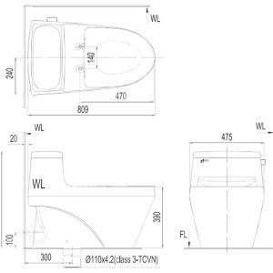 Bản vẽ kỹ thuật bồn cầu 1 khối Inax AC-1135+CW-KA22AVN