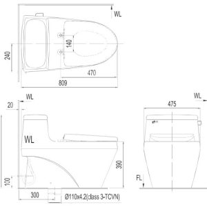Bản vẽ kỹ thuật bồn cầu 1 khối Inax AC-1135